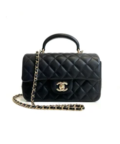 Front view of Chanel Timeless Mini Rectangular Flap Bag with gold hardware
