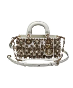 Pearl white Dior Lady D-Joy mini leather bag with gold hardware