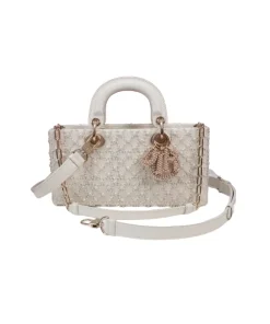 White Christian Dior Lady D-Joy bag with pearl embroidery and gold hardware