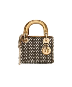 Mini Lady Dior crystal top handle bag in metallic gold calfskin with elegant structured design and gold hardware