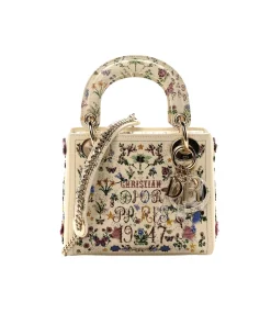 Christian Dior Lady Dior mini handbag in latte calfskin with multicolor floral bead embroidery and elegant top handle design