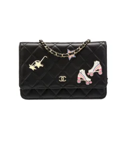 Black Premium leather Chanel wallet on chain with elegant quilted design and chain strap