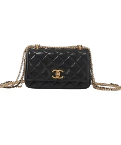 Chanel calfskin flap bag with gold chain strap side angle