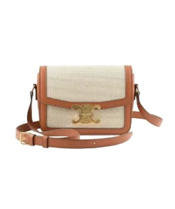 Beige Celine Teen Triomphe bag in textile and calfskin with gold Triomphe clasp luxury design