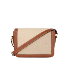 Brown-toned Celine Teen Triomphe bag made of textile and natural calfskin with elegant gold hardware