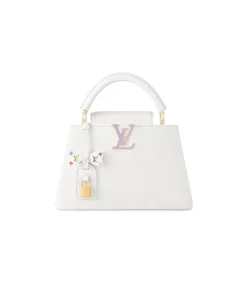White Louis Vuitton Capucines BB handbag with colorful rainbow strap