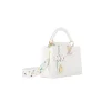 White designer handbag with vibrant rainbow monogram strap and gold hardware