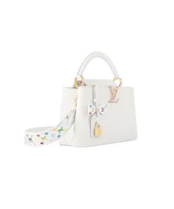 White designer handbag with vibrant rainbow monogram strap and gold hardware