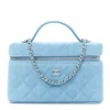 Authentic Chanel blue denim quilted top handle vanity bag with gold chain strap