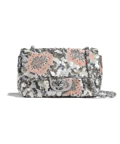 Silver CHANEL mini flap bag with sequin tweed and chain strap