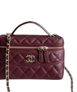 Chanel mahroon trendy top handle vanity case small chain shoulder bag with zipper