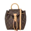 Front view of Louis Vuitton Montsouris BB Backpack in classic brown monogram canvas with gold hardware.