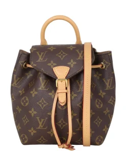 Front view of Louis Vuitton Montsouris BB Backpack in classic brown monogram canvas with gold hardware.