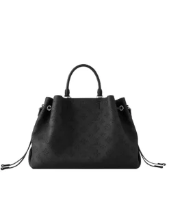 Front view of Louis Vuitton Bella Tote in black perforated Mahina calf leather