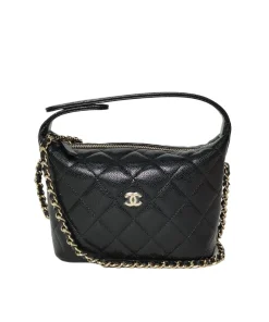 Black CHANEL caviar quilted hobo clutch with gold hardware