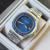 Patek Philippe inspired luxury sports watch with deep blue horizontal textured dial worn on wrist in natural lighting