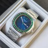 High-end luxury watch with emerald green stone bezel and platinum case detailed close-up showing premium craftsmanship