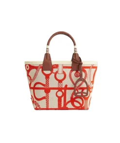 Hermès Steeple 25 canvas tote bag with vibrant orange and red equestrian print and leather top handles