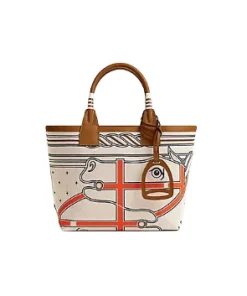 Ecru and noir Hermès Steeple 25 canvas tote bag with horse print design and Swift leather handles