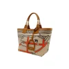 Side view of Hermès Steeple 25 horse print tote bag in ecru, noir, and gold tones with structured base