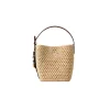Front view of Louis Vuitton All In BB raffia handbag in brown with gold-toned padlock and leather details