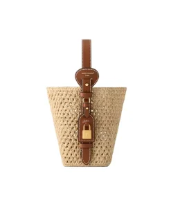 Brown raffia Louis Vuitton All In BB handbag with leather trim styled for summer beach outfit