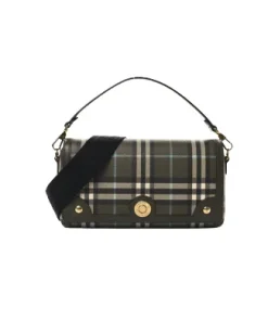 Olive green Burberry check canvas shoulder bag with leather trim