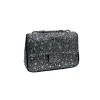 Chanel mini flap bag in silver satin with strass crystals and silver-tone chain, elegant evening luxury shoulder bag in sparkling finish