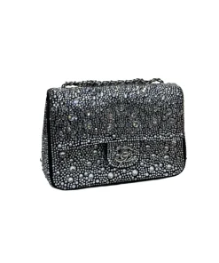 Chanel mini flap bag in silver satin with strass crystals and silver-tone chain, elegant evening luxury shoulder bag in sparkling finish
