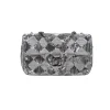 Elegant silver sequin mini flap crossbody bag with Chanel-style chain strap and CC turn lock