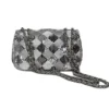 Stylish silver mini flap bag with geometric sequin design and metallic chain strap for evening wear