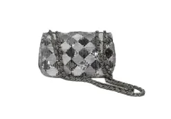 Stylish silver mini flap bag with geometric sequin design and metallic chain strap for evening wear