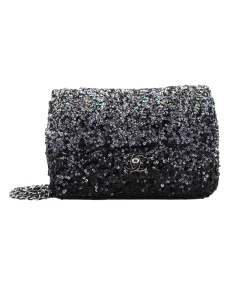 Luxury Chanel mini flap bag with gradient sequins in silver, black, purple, and green with chain strap