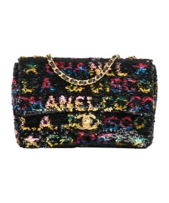 Stylish Chanel black flap bag with pink and yellow disco print sequins and chain strap