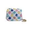 Elegant white sequin mini flap bag with pastel blue pink yellow floral design and gold chain strap