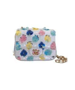 Elegant white sequin mini flap bag with pastel blue pink yellow floral design and gold chain strap