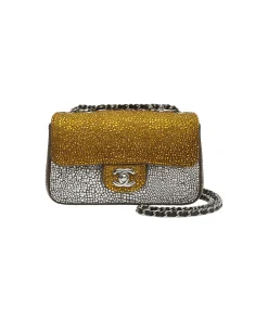 Chanel mini flap bag with gold and silver calfskin leather decorated with white pearl embellishments and chain strap