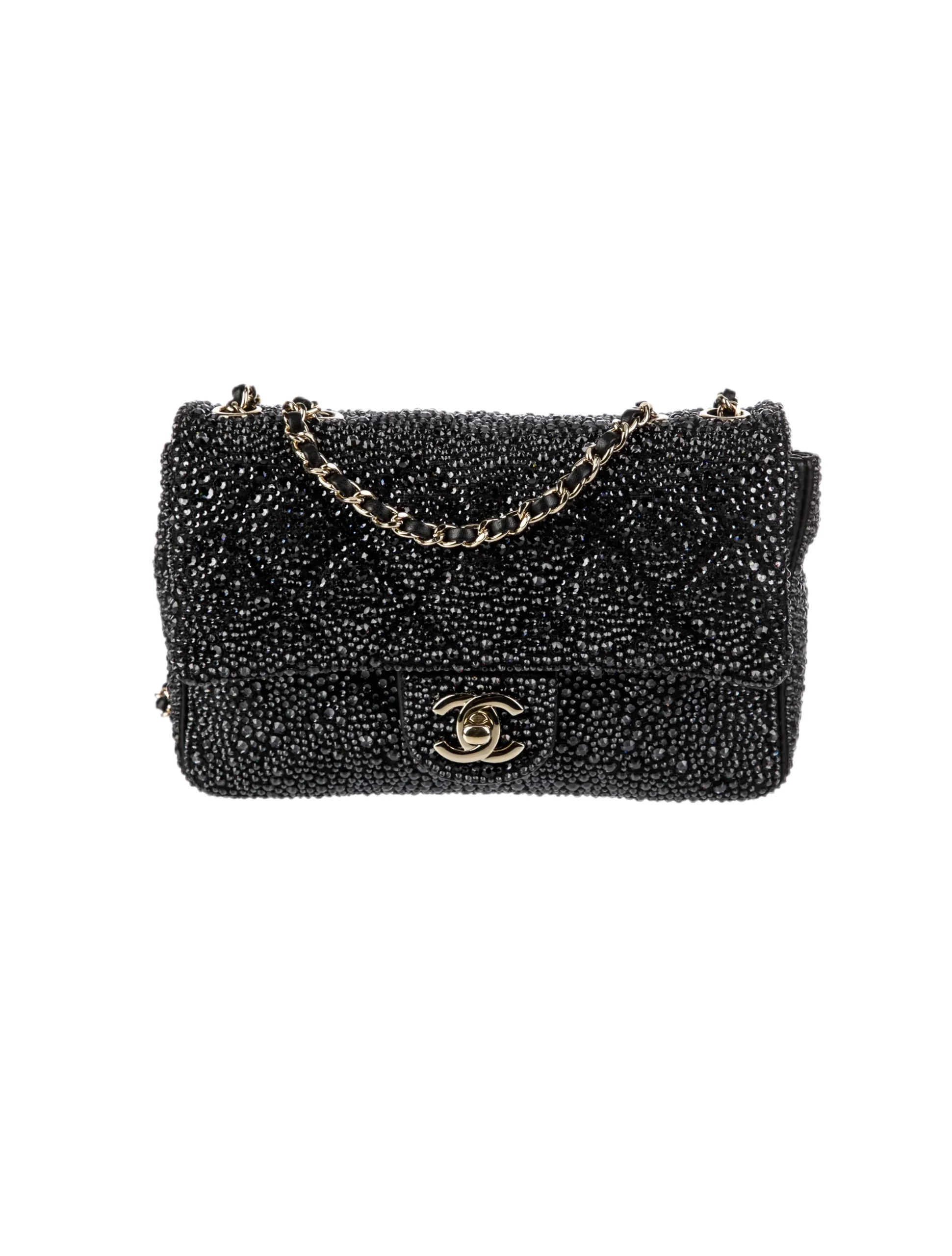 Black Chanel lambskin crystal diamante small flap bag with luxury quilted design and gold chain