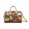 White Louis Vuitton Speedy 30 Hotel Labels handbag with colorful travel patches