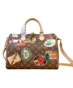 White Louis Vuitton Speedy 30 Hotel Labels handbag with colorful travel patches