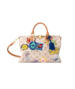 Beige Louis Vuitton Speedy Soft 30 Flight Mode handbag with colorful travel patches