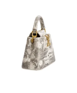 Snake-pattern leather mini handbag in beige tones with gold LV logo