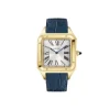 Gold case luxury watch with silver dial and blue hands