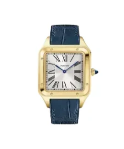Gold case luxury watch with silver dial and blue hands