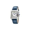 Silver luxury watch with white dial and blue steel hands