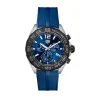 Luxury sports watch with blue strap and black bezel design