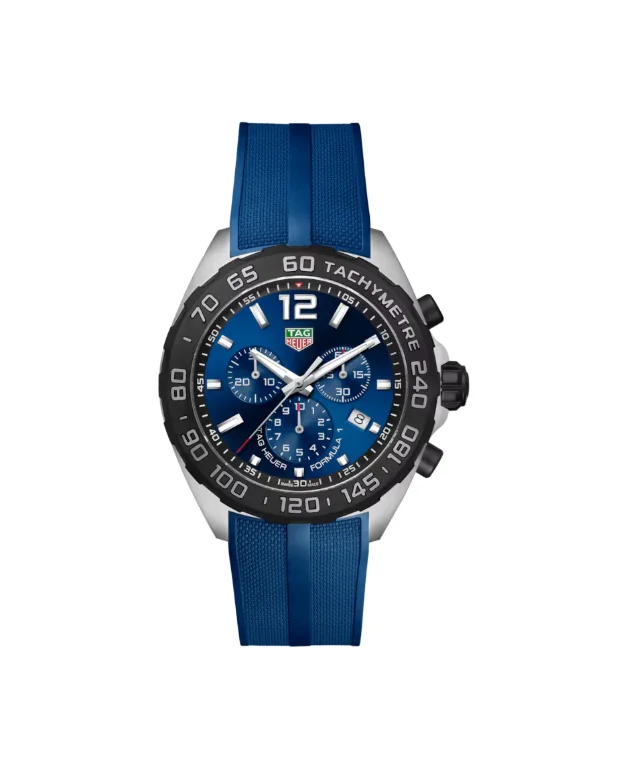 Luxury sports watch with blue strap and black bezel design
