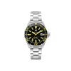 Silver stainless steel watch with black dial and yellow markers