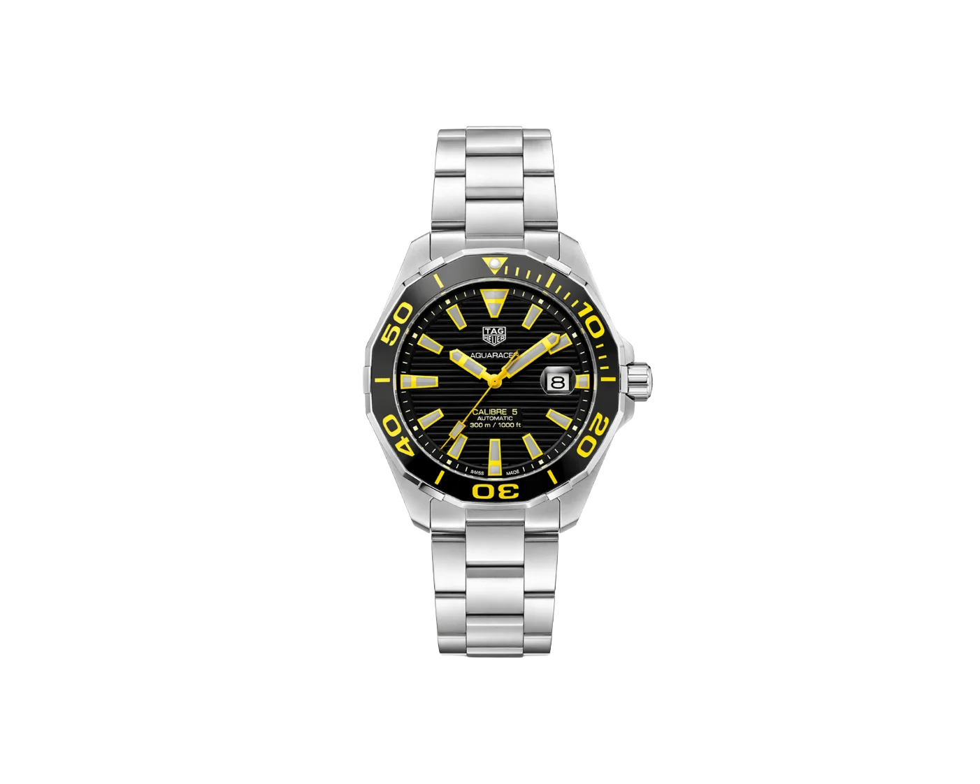 Silver stainless steel watch with black dial and yellow markers