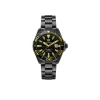 Black dial watch with yellow accents and dark metal bracelet